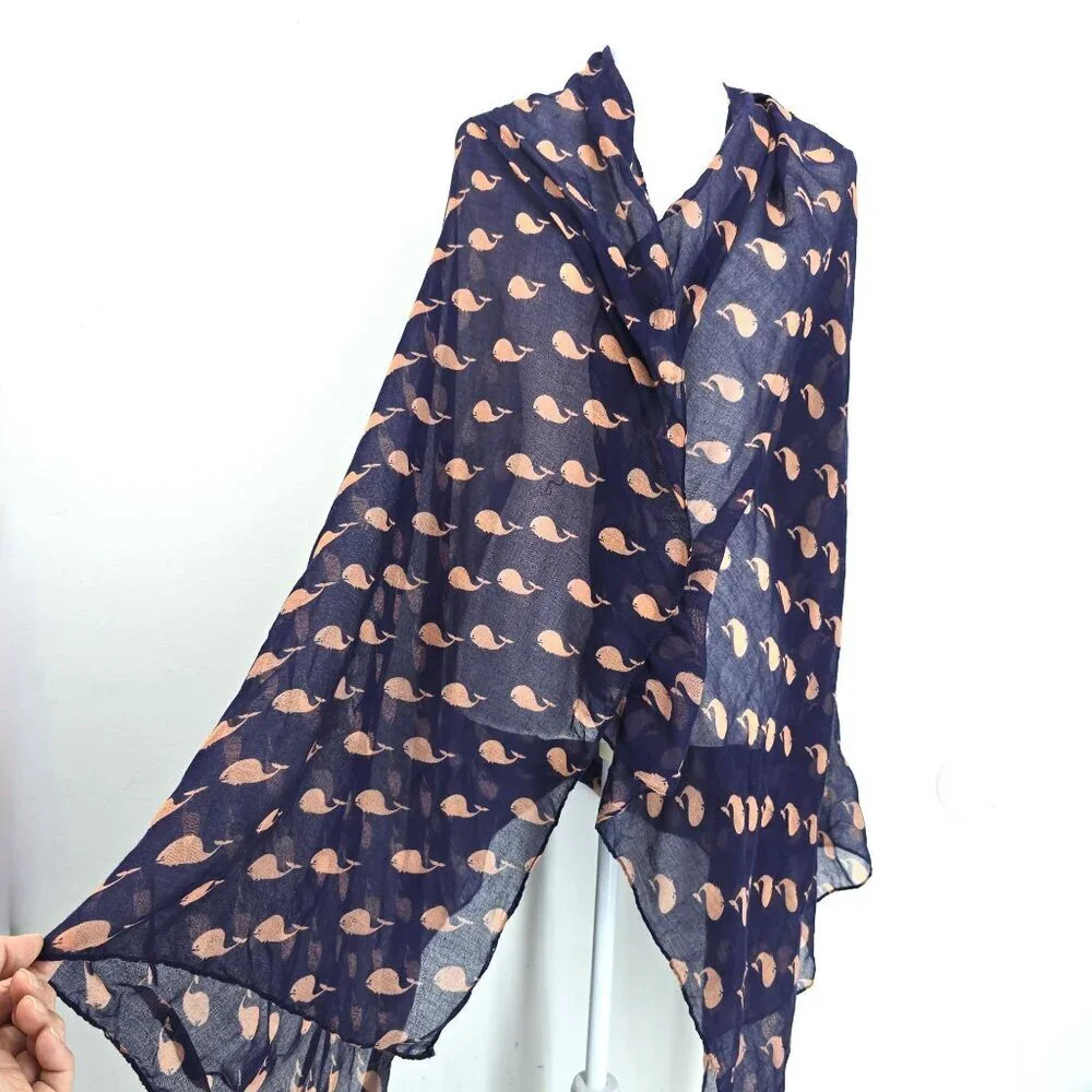 Unisex Navy Blue with Pink Whale Gauzy Scarf Wrap